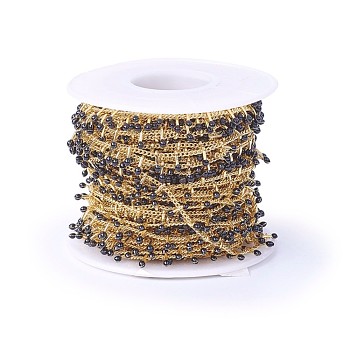 Handmade Enamel Beaded Chains, with Brass Curb Chains, Soldered, with Spool, Long-Lasting Plated, Real 18K Gold Plated, Black, 5.5x1.5~2mm, about 32.8 Feet(10m)/roll