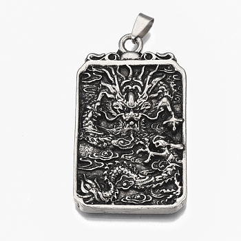 Tibetan Style Alloy Big Pendants, Rectangle with Dragon & Chinese Character, Antique Silver, 59x33x5.5mm, Hole: 8.5x3.5mm