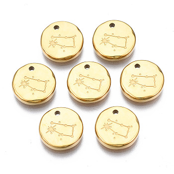 316 Surgical Stainless Steel Charms, Flat Round with Constellation, Real 14K Gold Plated, Gemini, 10x2mm, Hole: 1mm