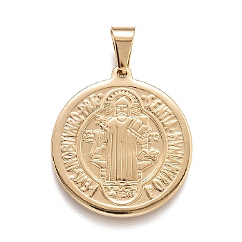 304 Stainless Steel Pendants, Flat Round with Saint Benedict Medal, Golden, 31x28x2mm, Hole: 5x8mm