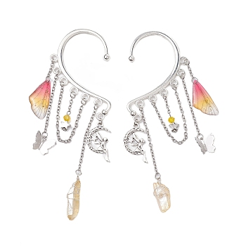 Wing Resin & Natural Quartz Crystal Points Beaded Dangle Earrings, Butterfly & Fairy Brass with Alloy Charm Earrings for Women, Antique Silver, 114~120x38mm