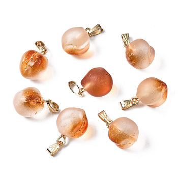 Two Tone Transparent Spray Painted Glass Pendants, with Golden Plated Iron Bails and Gold Foil, Frosted, Peach, Chocolate, 16~17x11~12x11~12mm, Hole: 6x2mm