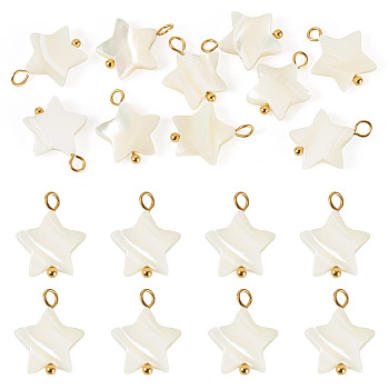 10Pcs Natural Shell Star Pendants, with 304 Stainless Steel Loops, Seashell Color, Ion Plating(IP), Real 18K Gold Plated, 15.5~17.5x12.5~13x3~4mm, Hole: 1.8~3mm