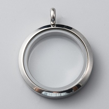 304 Stainless Steel Locket Pendants, with Glass, DIY Accessories for Jewelry Pendant Making, Flat Round Charm, Stainless Steel Color, 36.5x30x6.5mm, Hole: 5mm