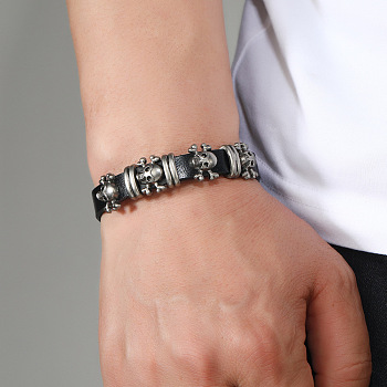 Alloy Skull Rivets Bracelet, Cowhide Cord Bracelet for Men Women, Black, 10-1/4 inch(26cm)