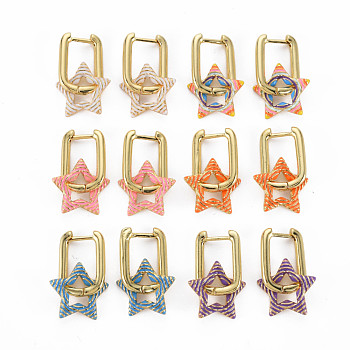 Brass Enamel Dangle Hoop Earrings, Nickel Free, Star, Real 16K Gold Plated, Mixed Color, 25mm, Pin: 1mm