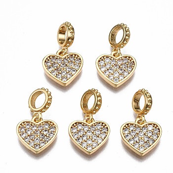 Brass Micro Pave Clear Cubic Zirconia Pendants, Nickel Free, Heart, Real 18K Gold Plated, 18x11x2mm, Hole: 4mm, Ring: 9x7x2mm, Heart: 11x11x2mm