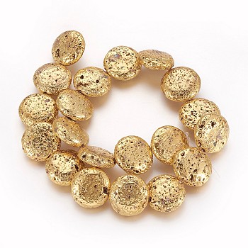 Electroplated Natural Lava Rock Beads Strands, Long-Lasting Plated, Flat Round, Golden Plated, 19~20x6.5~7mm, Hole: 1mm, about 20pcs/strand, 14.56 inch(37cm)