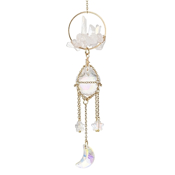 Stainless Steel Cable Chains Pouch Teardrop Pendant Decorations, Hanging Suncatchers, with Glass Moon/Star Charm and Natural Quartz Crystal, Golden, 200mm