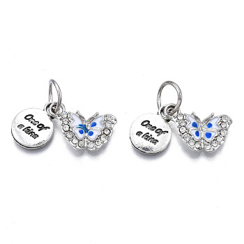 Rack Plating Platinum Alloy Enamel Pendants, with Crystal Rhinestone & Jump Ring, Cadmium Free & Nickel Free & Lead Free, Butterfly & Flat Round with Word One of a kina, Royal Blue, 12x16.5x2.5mm, Hole: 5mm