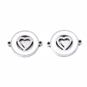 304 Stainless Steel Enamel Links Connectors, Laser Cut, Flat Round with Heart, White, Stainless Steel Color, 14.5x18.5x2mm, Hole: 1.2mm