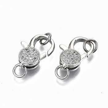 Brass Micro Pave Clear Cubic Zirconia Lobster Claw Clasps, with Jump Rings, Nickel Free, Real Platinum Plated, 15x16x4mm, Hole: 3.5mm, Jump Ring: 5x0.8mm