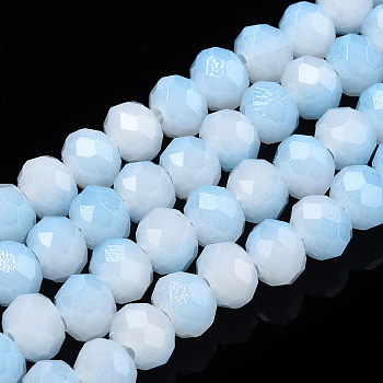 Two-Tone Imitation Jade Glass Beads Strands, Faceted, Rondelle, Light Sky Blue, 6x5mm, Hole: 1.4mm, about 85~90pcs/strand, 15.35 inch~16.34 inch(39~41.5cm)