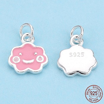 925 Sterling Silver Enamel Charms, with Jump Ring, Cloud with Smile, Pink, 9.5x8.5x1.5mm, Hole: 2.5mm