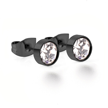 304 Stainless Steel Ear Studs, with Rhinestone, Flat Round, Crystal, Gunmetal, 14mm,  Pin: 0.7mm