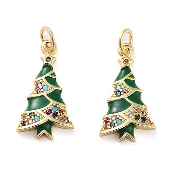 Christmas Theme Rack Plating Brass Pendants, Micro Pave Colorful Grade AAA Cubic Zirconia, with Enamel and Jump Ring, Long-Lasting Plated, Cadmium Free & Lead Free, Christmas Tree, 20x11.5x3mm, Hole: 3mm