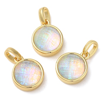 Rack Plating Brass with Synthetic Opal Pendants, Flat Round, Champagne Yellow, 14.5x11.5x6.5mm, Hole: 5mm