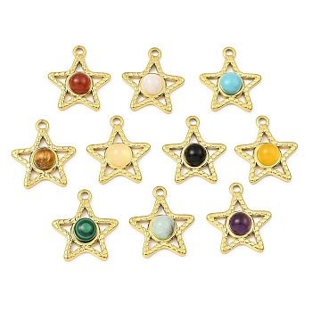 Natural & Synthetic Mixed Gemstone Pendants, Ion Plating(IP) 316 Stainless Steel Star Charms, Real 24K Gold Plated, 20x17.5x5mm, Hole: 1.8mm