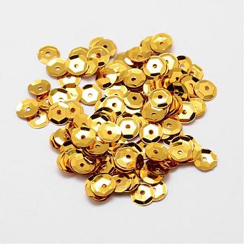 Plastic Paillette Beads, Semi-cupped Sequins Beads, Center Hole, Gold, 8x0.5mm, Hole: 1mm, about 35000pcs/pound