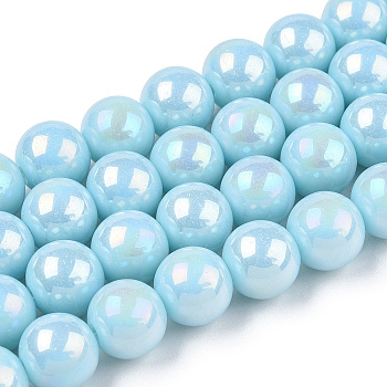 Electroplate Opaque Glass Beads Strands, AB Color Plated, Round, Light Blue, 4~4.5mm, Hole: 0.8mm, about 97~99pcs/strand, 14.76 inch~14.96 inch(37.5~38cm)