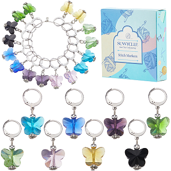Glass Butterfly Pendant Locking Stitch Markers, with 304 Stainless Steel Leverback Earring Findings, Mixed Color, 3.3cm, 24pcs/set