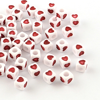 Opaque Acrylic European Beads, Large Hole Cube Beads, with Heart Pattern, Red, 7x7x7mm, Hole: 4mm, about 1900pcs/500g