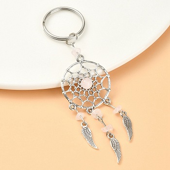 Natural Rose Quartz Chips Keychain, with Tibetan Style Pendants and 316 Surgical Stainless Steel Key Ring, Woven Net/Web with Feather, 107mm, Pendant: 82x28x7mm
