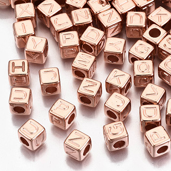 CCB Plastic Beads, Horizontal Hole, Cube with Letter, Rose Gold, 7x7x7mm, Hole: 3.5mm, about 2000pcs/500g