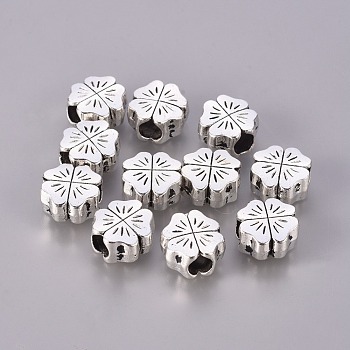 Tibetan Style European Beads, Large Hole Beads, Lead Free and Cadmium Free, Flower, Great for Mother's Day Gifts making, Antique Silver Color, Size: about 10mm long, 10mm wide, 6mm thick, hole: 4mm