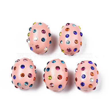 Pink Oval Polymer Clay+Glass Rhinestone Beads