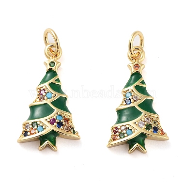 Real 18K Gold Plated Dark Green Christmas Tree Brass+Cubic Zirconia+Enamel Pendants