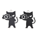 Alloy Enamel Pendants, Cat Shape with Camera Charms, Platinum, Black, 41.5x35~35.5x1.3mm, Hole: 1.3mm(ENAM-L056-02P-03)