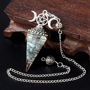 Natural Aquamarine Chip & Resin Orgonite Dowsing Pendulum Big Pendants, with Platinum Plated Metal Triple Moon Pentagram, Hexagonal Cone Charm Charm, 300mm(PW-WG36861-07)