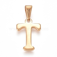304 Stainless Steel Pendants, Golden, Initial Letter.T, 20x13.5x1.8mm, Hole: 3x7mm(X-STAS-F106-95G-T-01)