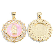 Brass Micro Pave Clear Cubic Zirconia Pendants, with Enamel and Shell, Real 18K Gold Plated, Nickel Free, Flat Round with Virgin Mary, Pink, 23.5x21x4mm, Hole: 3x4mm(KK-N227-100C)