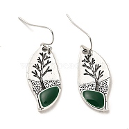 Leaf with Tree Enamel Dangle Earrings, Zinc Alloy Long Drop Earrings for Women, Antique Silver, 35x14mm(EJEW-G370-06AS)