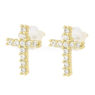 Cross Brass Micro Pave Cubic Zirconia Stud Earrings, Long-Lasting Plated, Lead Free & Cadmium Free, Real 18K Gold Plated, 10.5x7.5mm(EJEW-L270-22G)