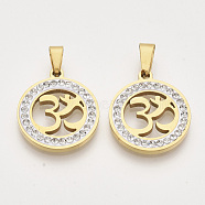 201 Stainless Steel Pendants, with Random Size Snap On Bails and Polymer Clay Crystal Rhinestones, Flat Round with Yoga/Aum/Om Symbol, Golden, 23x20x2~3mm, Hole: 7~10x3~5mm(STAS-N089-86G)