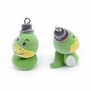 Opaque Resin Pendants, with Platinum Tone Iron Loops, Flocky Snake Charms, Lime Green, 34x18x22mm, Hole: 2.5mm(RESI-T053-08)