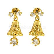 Brass Clear Cubic Zirconia Dangle Stud Earrings for Women, Christmas Bell & Bowknot, Golden, 22x10mm(EJEW-G405-01G)