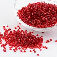12/0 Glass Seed Beads, Silver Lined Round Hole, Round, Red, 2mm, Hole: 1mm, about 3306pcs/50g(X-SEED-A005-2mm-25)