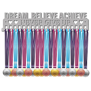 Fashion Iron Medal Hanger Holder Display Wall Rack, 20 Hooks, with Screws, Word Dream Believe Achieve Never Give Up, Heart Pattern, 83x400mm(ODIS-WH0037-061)