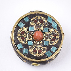 Handmade Indonesia Beads, with Brass Findings, Flat Round, Golden, Dark Turquoise, 22x21x11mm, Hole: 2mm(IPDL-S053-144)