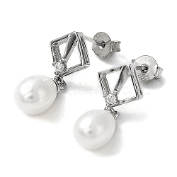 Anti-Tarnish Cubic Zirconia Rhombus with Natural Pearl Dangle Stud Earrings, Rhodium Plated 925 Sterling Silver Earrings for Women, Platinum, 22x9.5mm(EJEW-F318-19P)