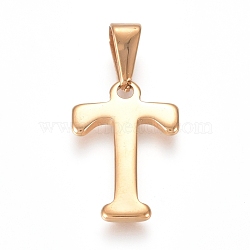 304 Stainless Steel Pendants, Golden, Initial Letter.T, 20x13.5x1.8mm, Hole: 3x7mm(X-STAS-F106-95G-T-01)