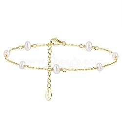 925 Sterling Silver Cable Chain Anklet with Oval Natural Freshwater Pearls for Women, with S925 Stamp, Real 14K Gold Plated, 8-1/2 inch(21.5cm)(AJEW-F162-003G)