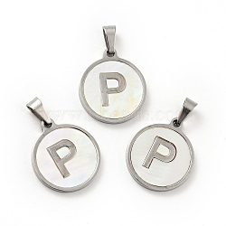 304 Stainless Steel with White Shell Pendants, Stainless Steel Color, Flat Round with Letter Charm, Letter.P, 18x16x1.5mm, Hole: 3x6mm(STAS-G268-01P-P)