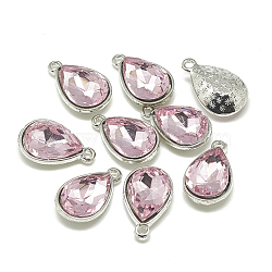 Alloy Glass Pendants, Faceted, teardrop, Platinum, Pearl Pink, 19x12x6mm, Hole: 1.5mm(PALLOY-T028-10x14mm-10)