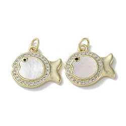 Brass Micro Pave Cubic Zirconia Pendants, with Shell, Real 18K Gold Plated, Fish, 16x17.5x3mm, Hole: 3mm(KK-G485-27C-G)