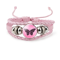 Imitation Leather Multi-strand Bracelets for Women, October Breast Cancer Pink Awareness Ribbon Iron Glass Adjustable Bracelet, Butterfly, 4-3/8 inch(11cm)(PW-WG69794-04)